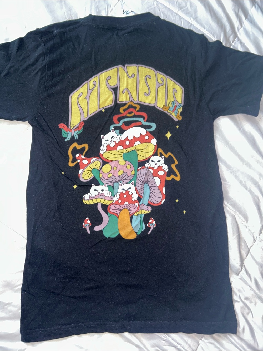 Ripndip Black Tee with Colorful Mushroom & Cat Graphic
